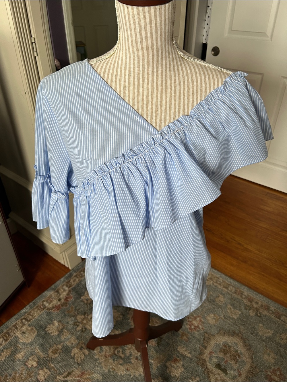 Asymmetrical One-Shoulder Blue Striped Ruffle Blouse